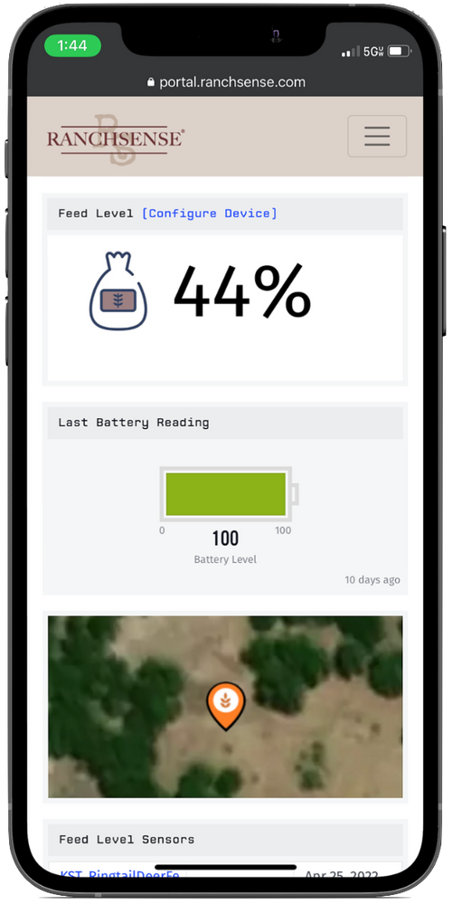 RanchSense feeder monitoring mobile app shown on smartphone