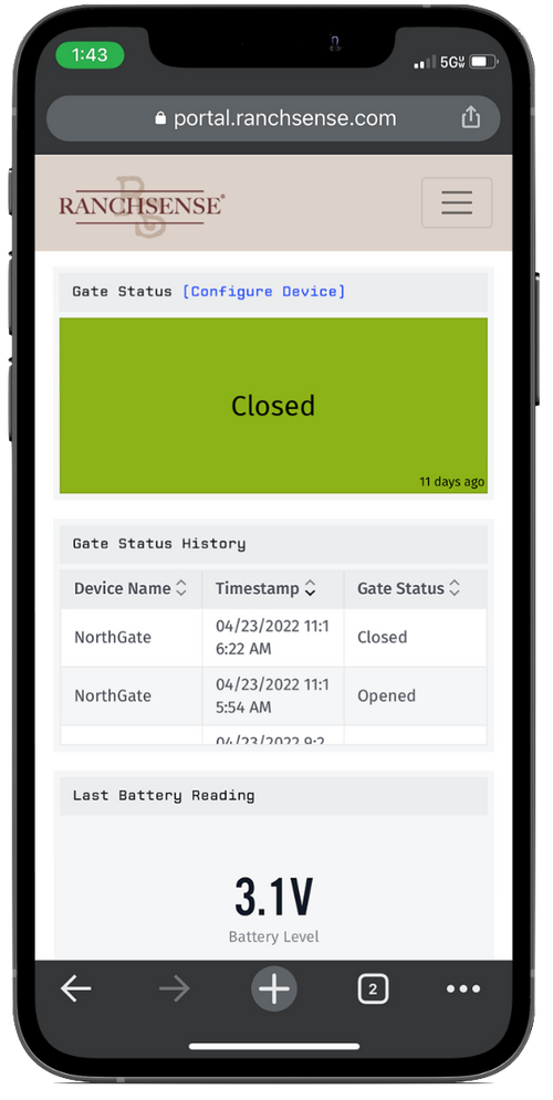 RanchSense gate monitoring mobile app shown on smartphone