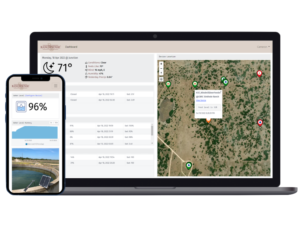 RanchSense web dashboard showing water levels across multiple tanks