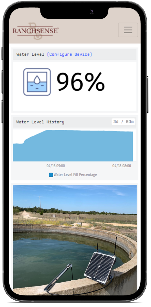 RanchSense water tank monitoring mobile app shown on smartphone