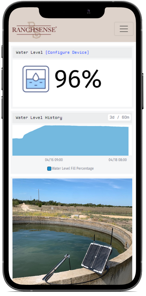 RanchSense water tank monitoring mobile app shown on smartphone