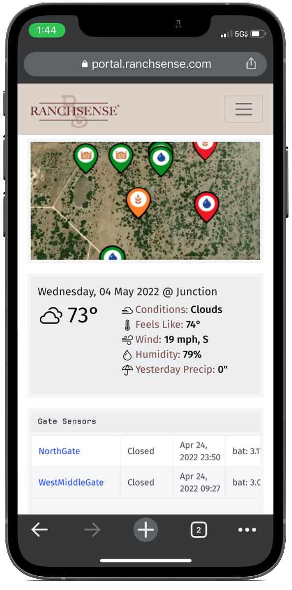 RanchSense weather station monitoring mobile app shown on smartphone